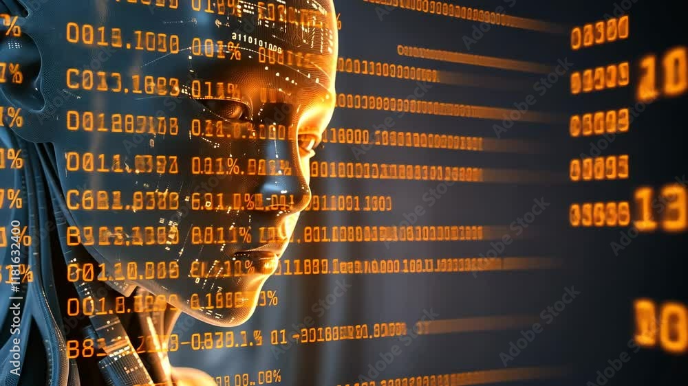Poster artificial intelligence robot face with glowing data code
