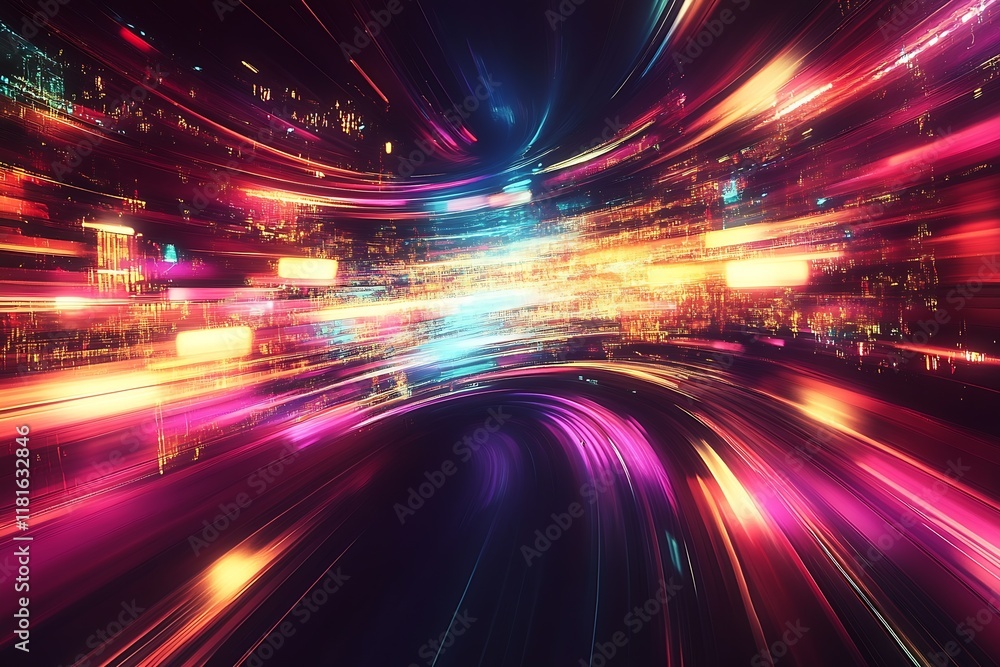Aufkleber Dynamic Abstract Neon Light Trails in Futuristic Urban Setting : Generative AI