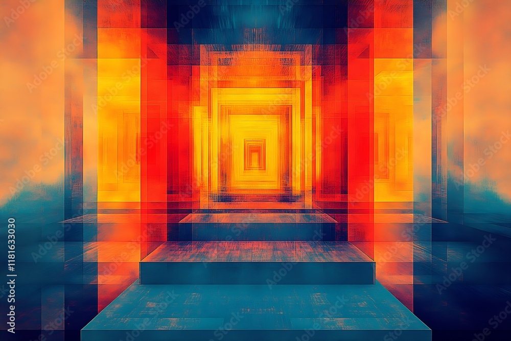 Fototapete Surreal Abstract Tunnel with Geometric Shapes in Warm Colors Suggesting Depth and a Futuristic Aesthetic : Generative AI