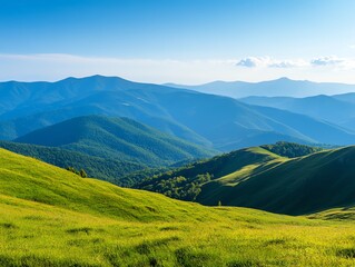 Naklejka premium Scenic mountain landscape with green hills.