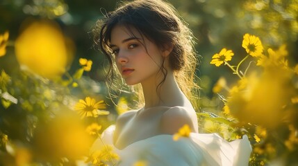 A young woman in a field of bright yellow flowers, radiating natural beauty and grace in a soft, dreamy atmosphere.