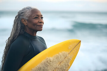 A senior Black woman stands confidently at the beach holding a surfboard.