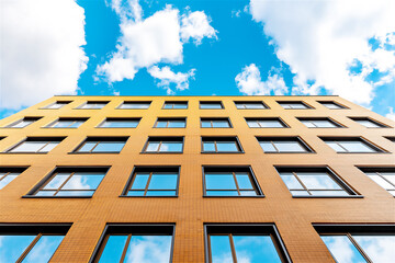 Low-angle view of a modern orange building against a bright blue sky with clouds. A geometric architectural theme stands out.