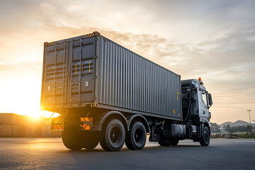 Cargo Truck Transporting Shipping Containers at Busy Port Terminal During Sunset