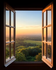 Scenic view from an open window at sunset.