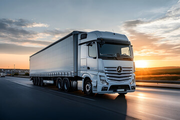 Cargo Truck Transporting Shipping Containers at Busy Port Terminal During Sunset