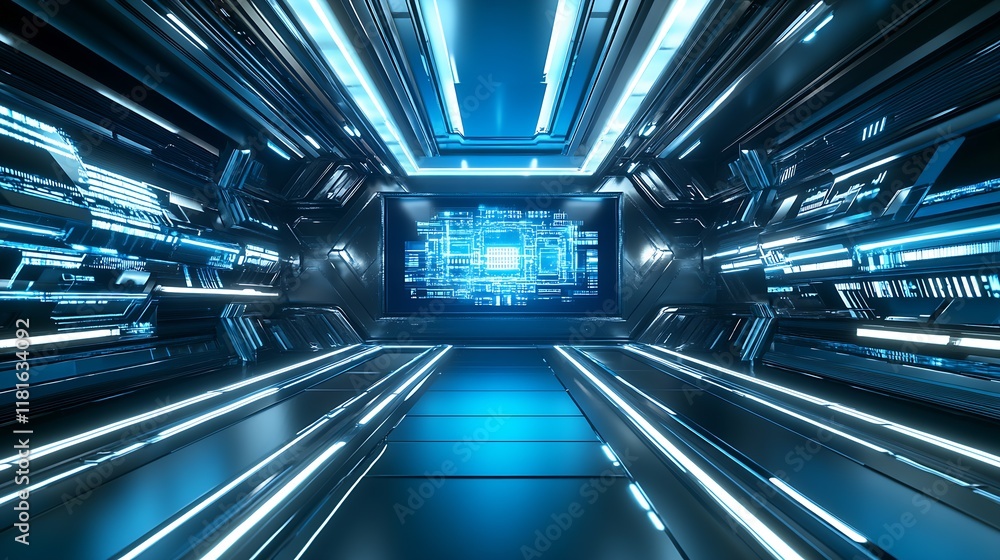 Aufkleber ultra-modern tech tunnel with blue accents and futuristic digital displays : generative ai