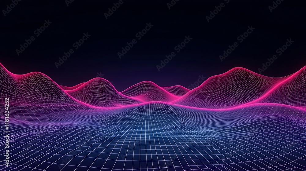 Poster abstract digital landscape with neon pink and blue glowing patterns : generative ai