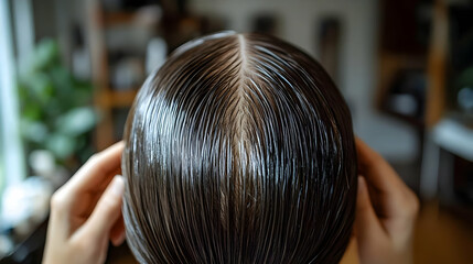 Fototapeta premium Hair Care: Applying Treatment for Healthy, Shiny Hair at Home