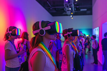 Innovative Pride-themed technology showcase, interactive VR stations with rainbow themes, enthusiastic crowd trying out gadgets.