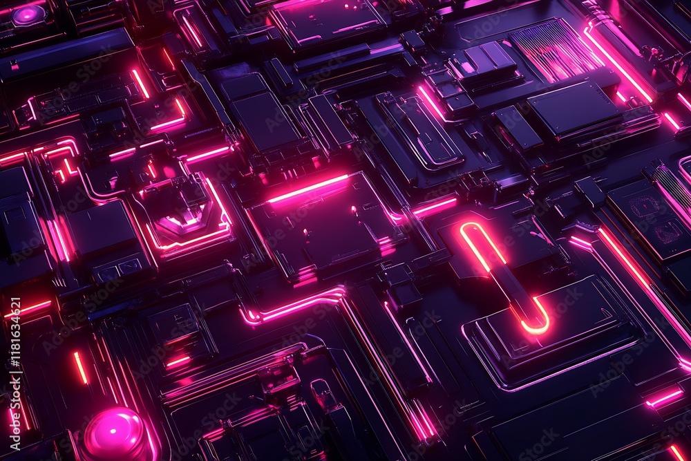 Poster futuristic neon circuit board with glowing pink accents in dark space : generative ai