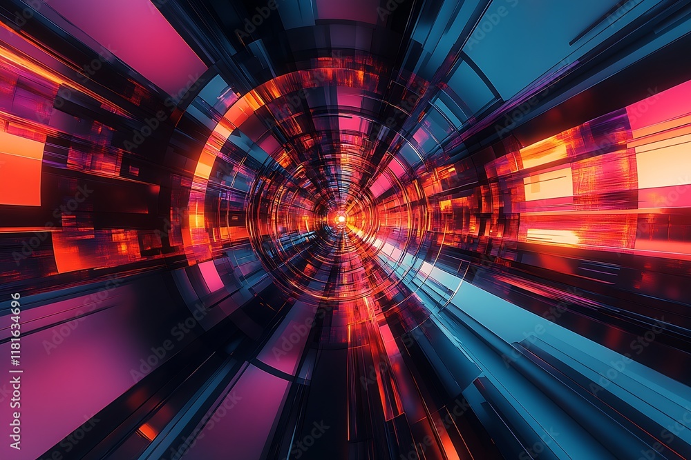 Poster Futuristic Abstract Corridor with Glowing Colors and Technological Depth : Generative AI