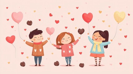 A heartwarming flat vector of children in colorful outfits, surrounded by heart-shaped balloons and chocolates on a pastel pink background.