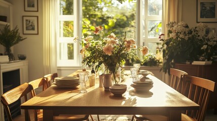 Bright Dining Table with Flowers and Dishes in a Cozy Home Setting