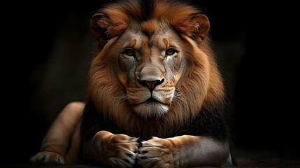 Fototapeta premium Majestic Lion Gazes with Intensity on Dark Background