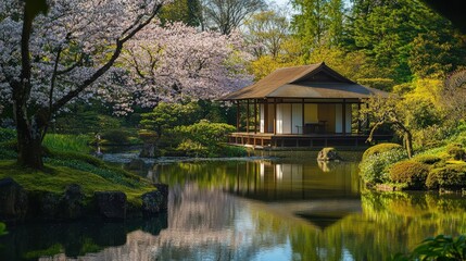 Serene Japanese Garden with Cherry Blossoms and Tranquil Pond