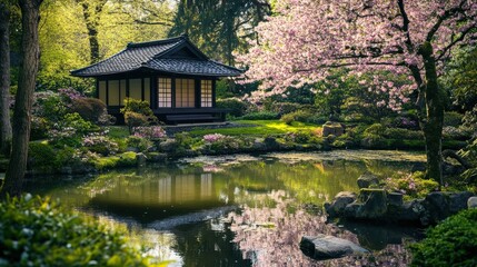 Obraz premium Serene Japanese Garden with Cherry Blossoms and Pond Reflection