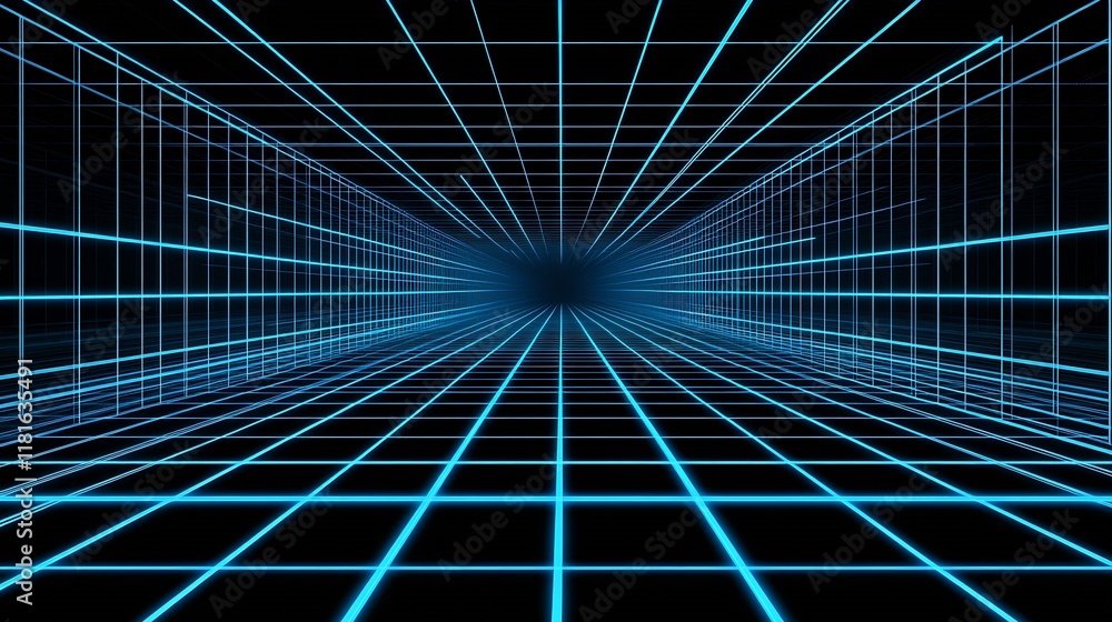 Poster endless perspective neon blue grid leading viewers into a sci-fi cybernetic world : generative ai