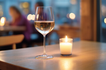 A cozy table setting with a glass of white wine and a lit candle, creating a warm romantic ambiance. The background features a blurred restaurant interior.