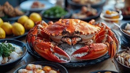 A luxurious flat-lay of Chinese seafood dishes, blending traditional flavors with contemporary presentation, leaving ample room for captions.