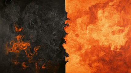 Duality Abstract Painting Black and Orange Flames with Textured Swirling Patterns.