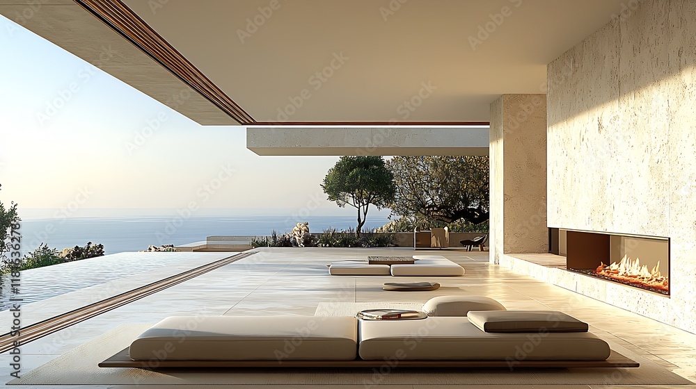 Poster Contemporary Villa with Infinity Pool and Ocean View in Elegant Coastal Setting : Generative AI