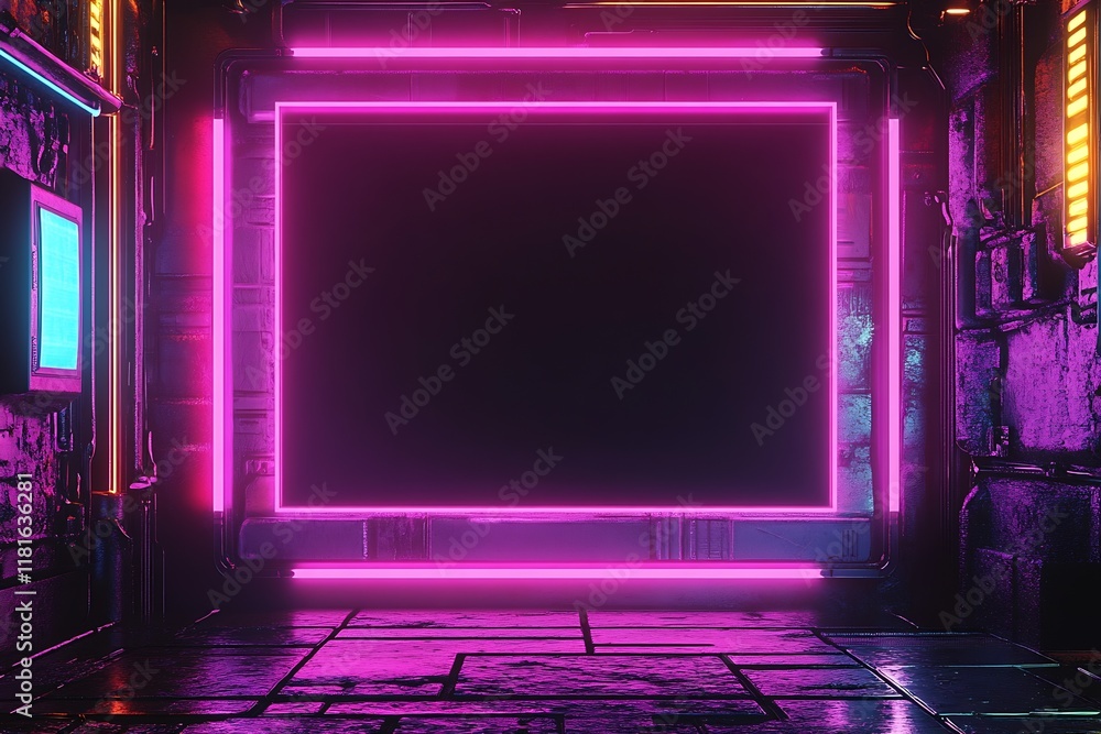 Poster high tech cyberpunk environment with bright neon pink frame illumination : generative ai