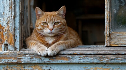 Orange cat resting on a weathered window ledge