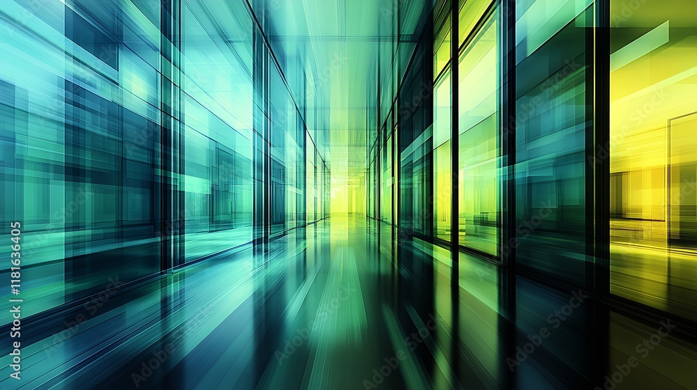 Poster dynamic abstract motion blur in futuristic corporate glass architecture : generative ai