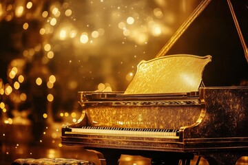 Elegant Golden Grand Piano with Bokeh Lights Background, Luxury Musical Instrument.