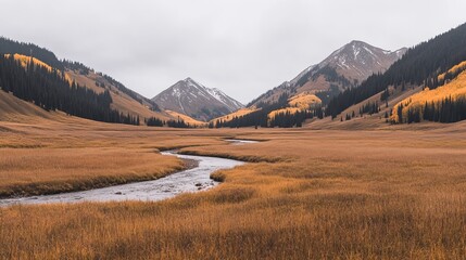 Autumnal River Valley Scenic Mountain Landscape