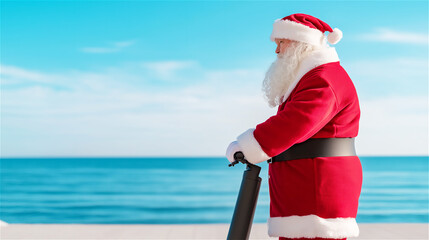 Obraz premium Close-up of Santa Claus gazing at the ocean, with his surfboard by his side. The serene blue background enhances the festive and adventurous atmosphere.