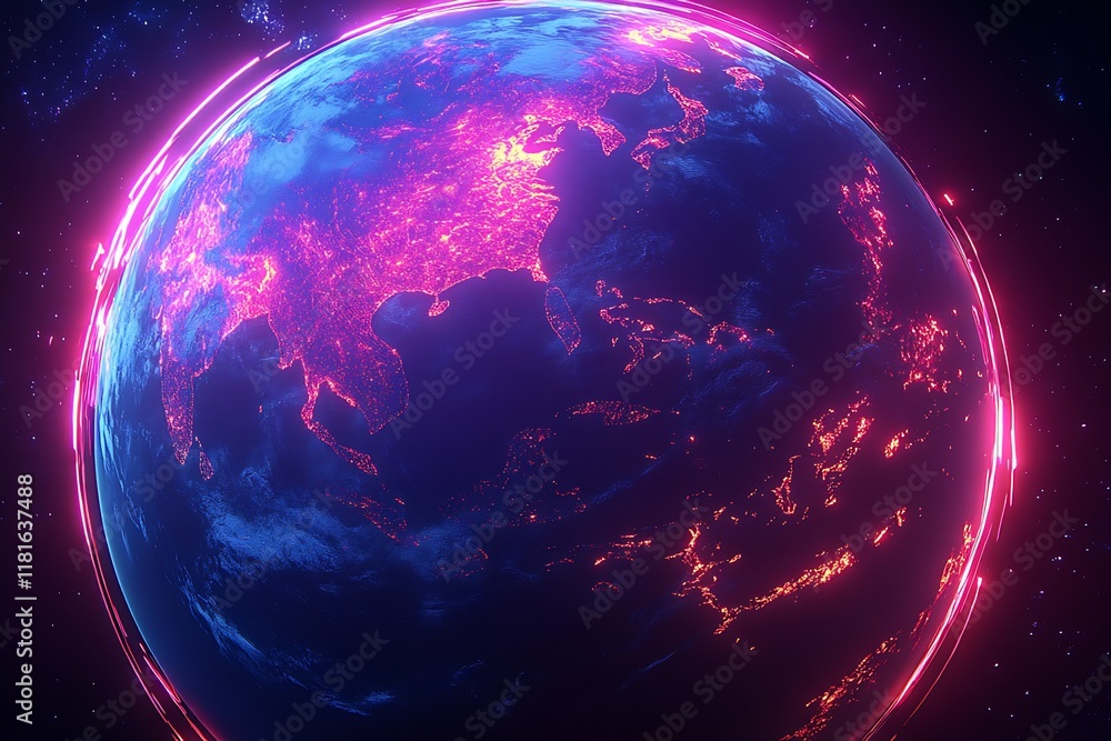 Aufkleber Neon-Illuminated Globe Showing Asia and Pacific in Futuristic Design : Generative AI