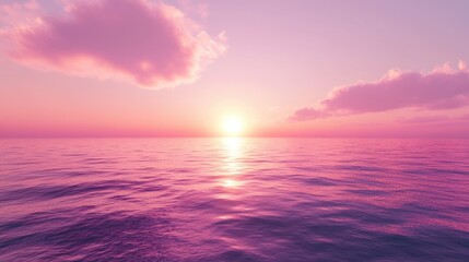 Obraz premium Pink Sunset Over Calm Ocean with Reflecting Sunlight and Scattered Clouds.