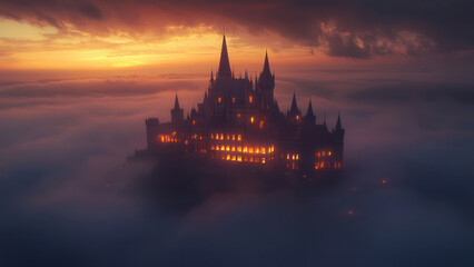 Naklejka premium Mystical old fairy tale castle at dusk in atmospheric fog