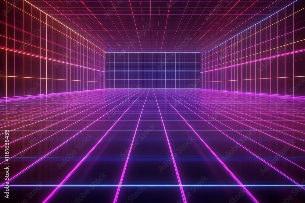 Poster bright neon grid room with intersecting colorful light lines in a retro futuristic style : generativ