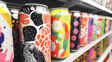 Fototapeta premium Colorful Cans with Artistic Designs on a Retail Shelf Display