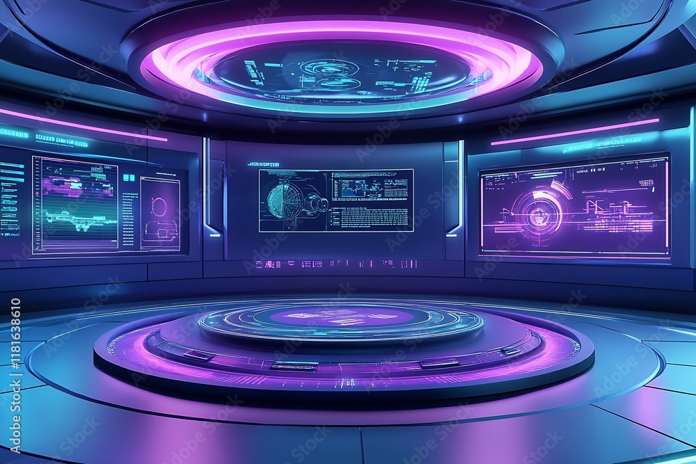 Poster advanced holographic control room with digital screens and neon technology : generative ai