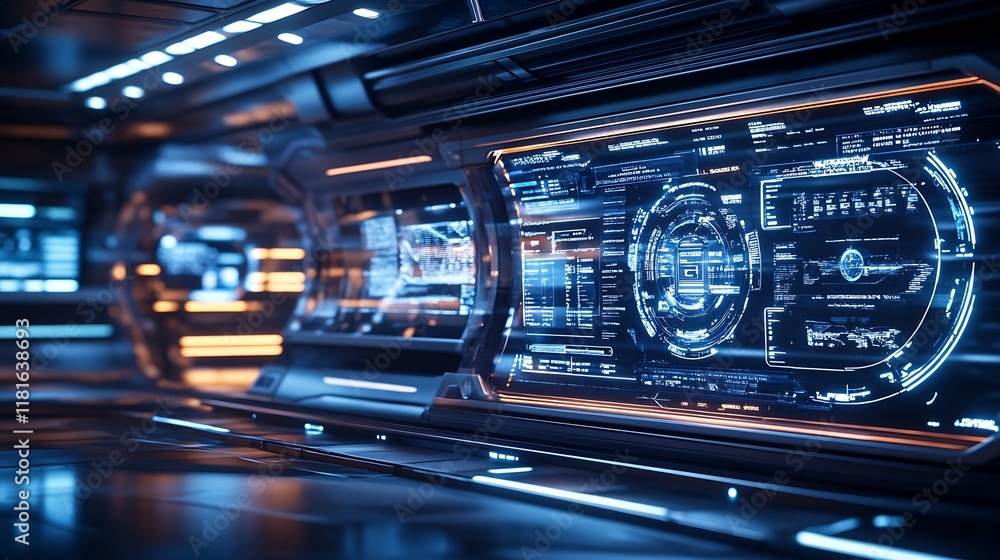 Poster High-Tech Cyber Corridor with Neon Lit Digital Screens and Data Panels : Generative AI