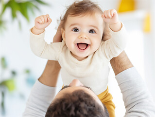 A cheerful baby being lifted into the air by a parent, radiating joy and happiness, against a softly lit indoor background, capturing tender family moments.