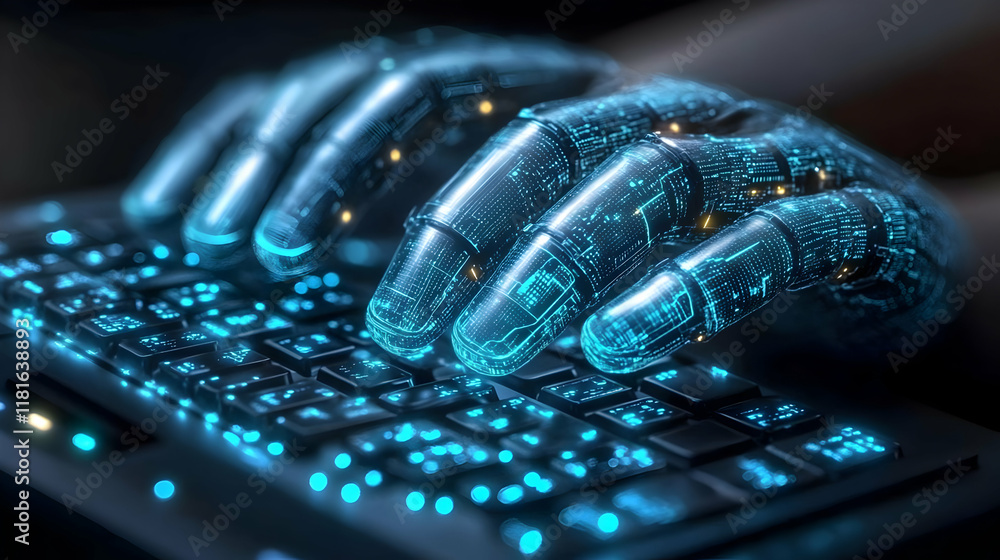 Poster robotic hand types on keyboard, futuristic technology quickly