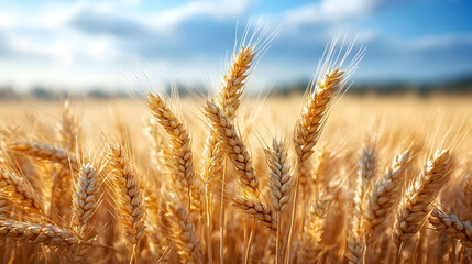 Fototapeta premium Golden Wheat Field Grows Under Blue Sky: Agriculture and Farming