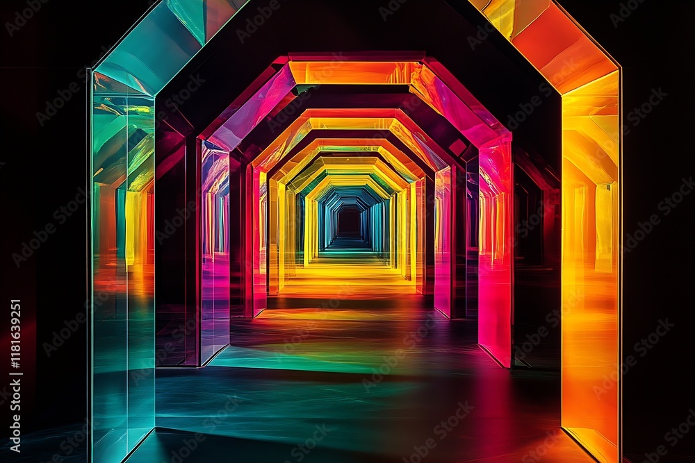 Poster Vibrant Multicolored Neon Tunnel with Reflective Surfaces in Futuristic Abstract Design : Generative AI