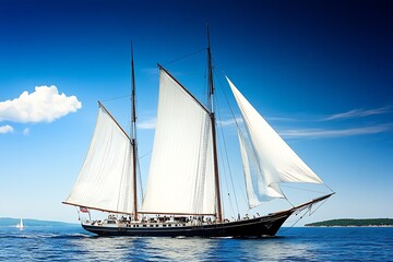 Grand Tall Ship Under Full Sail Navigating the Open Sea Beneath a Clear Blue Sky : Generative AI