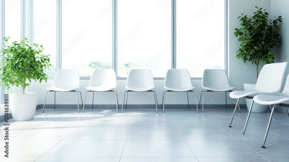 Poster modern and bright waiting room with a row of empty white chairs, large windows, and potted plants cr