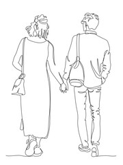Couple walking away. Woman in long dress and man in glasses. Back view. Continuous line drawing. Black and white vector in line art style.