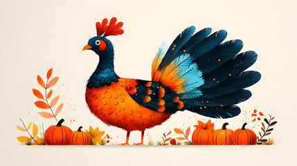 Fototapeta premium Colorful Bird Stands Majestically with Pumpkins and Autumn Leaves