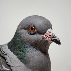 A close-up of a pigeon's face, showcasing its beak and eyes, on a minimal white background.