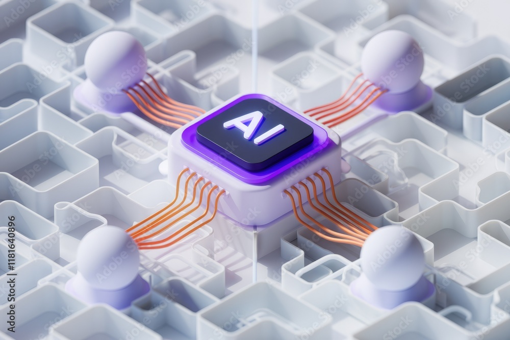 Poster AI core processing unit connected to four nodes, showcasing AI integration and complex network architecture.