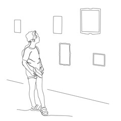 Girl looking at picture on wall at art gallery. Side view. Continuous line drawing. Black and white vector illustration in line art style.
